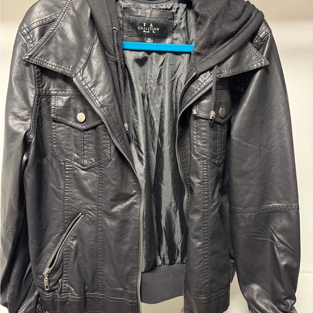 Black Women's Vegan Leather Jacket with Hoodie